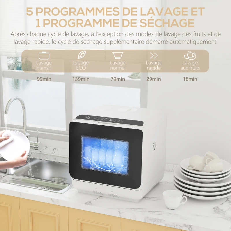 HOMCOM Mini lave-vaisselle compact 4 couverts, lave-vaisselle de table, 6 programmes, commandes tactiles, réservoir 6 L, blanc