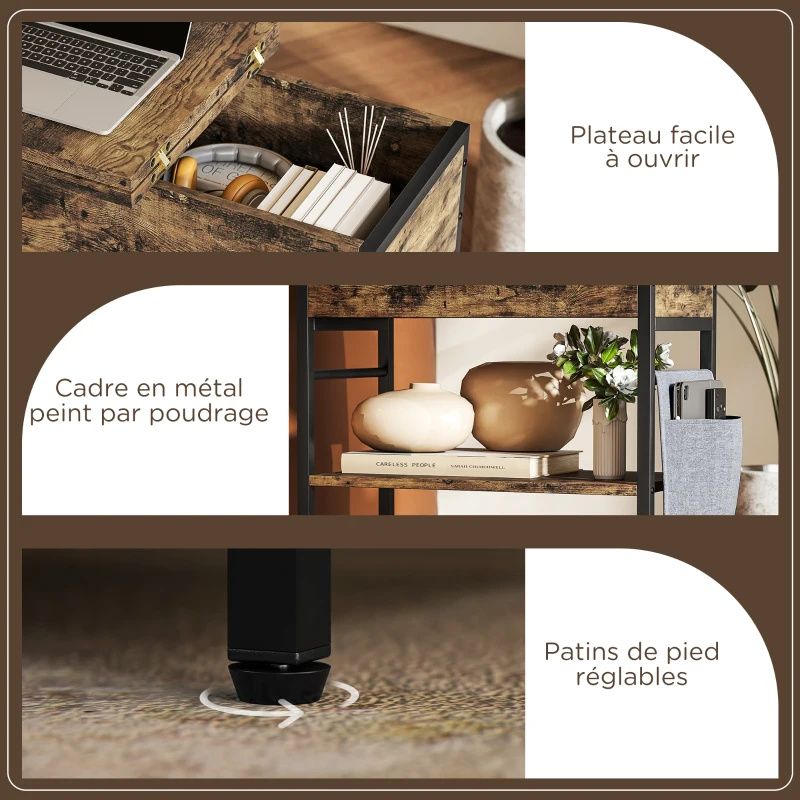 HOMCOM Table d'appoint bout de canapé avec station de charge et sac de rangement, 60 x 29,8 x 58,5 cm, brun rustique