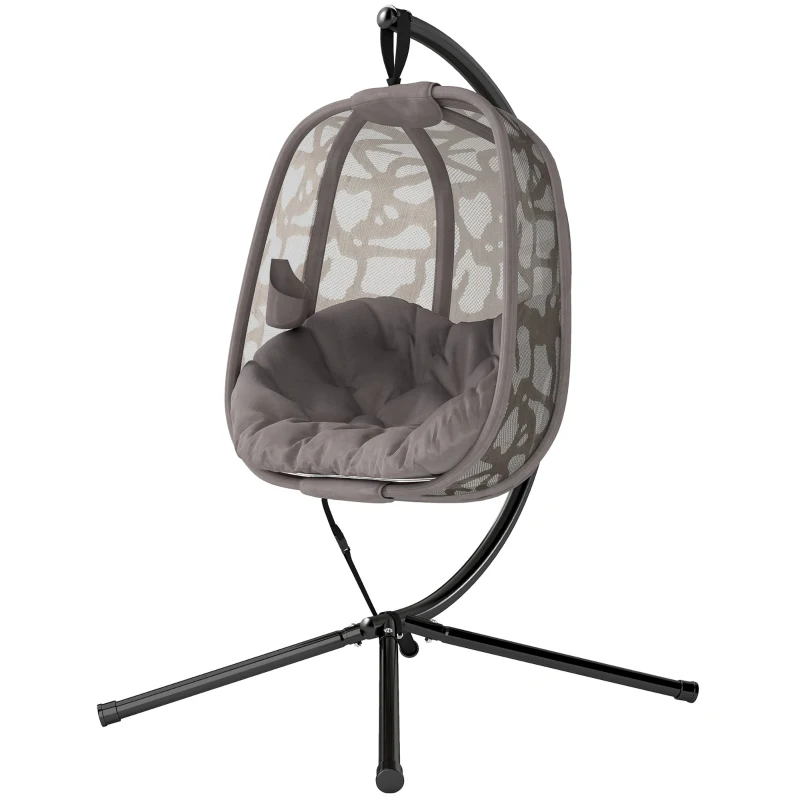 Outsunny Cadeirão Suspenso com Suporte de Aço Cadeira Suspensa com Cesto Dobrável e Almofadas para Interior e Exterior 126x96x172cm Cor Areia