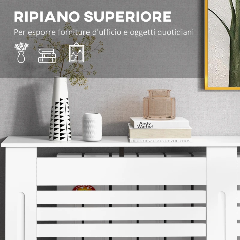 HOMCOM Copritermosifoni a Doghe con Ripiano Portaoggetti, in Legno, 152x19x81 cm, Bianco