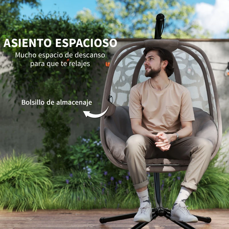 Outsunny Silla Colgante con Soporte de Acero Sillón Colgante Hamaca con Cesta Plegable y Cojines para Interiores y Exterior Carga 120 kg 126x96x172 cm Marrón