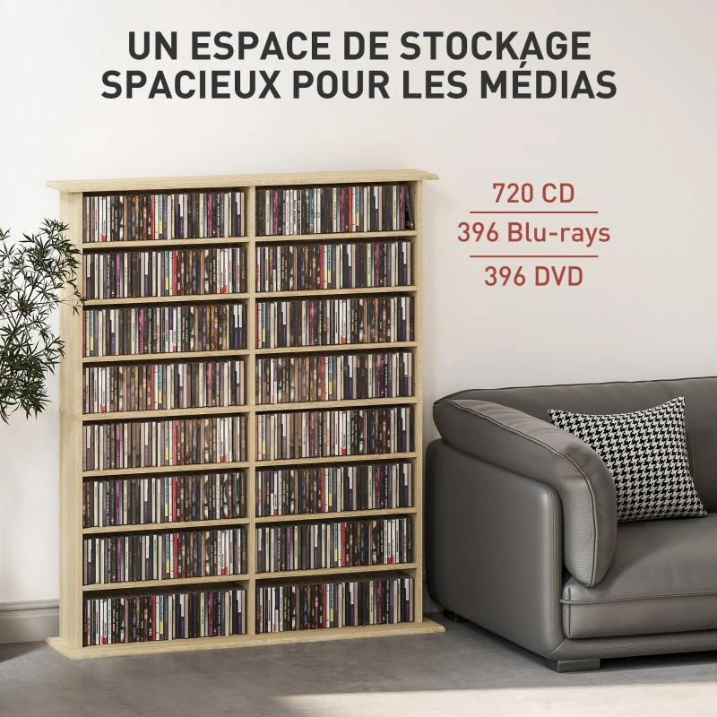 HOMCOM Rangements pour CD et DVD avec 16 compartiments et 12 étagères réglables capacité max. 720 CD/396 DVD et Blu-ray naturel