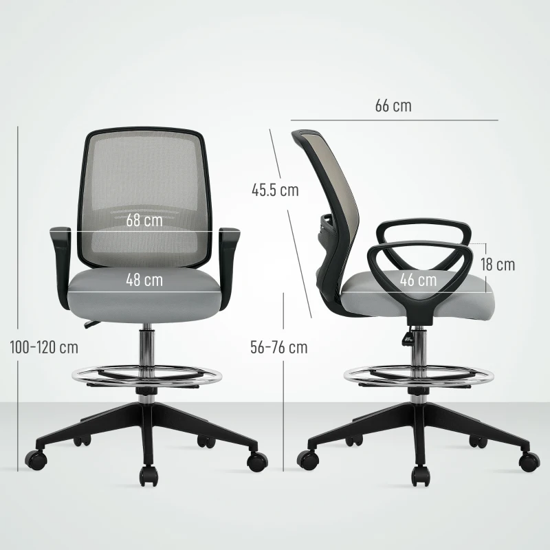 Vinsetto 100-120cm Draughtsman Office Chair, with Footrest - Light Grey