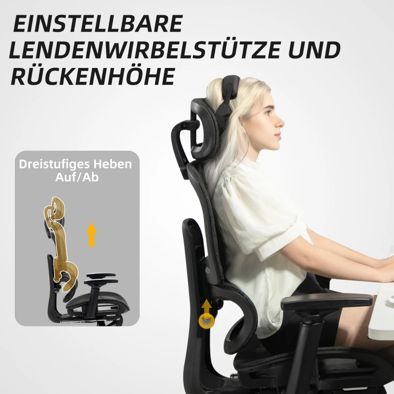 HOMCOM Bürostuhl, Ergonomischer Schreibtischstuhl mit Netzstoffbezug, verstellbar, rollbar, mit Armlehnen, Kopfstütze, Schwarz(m-8)