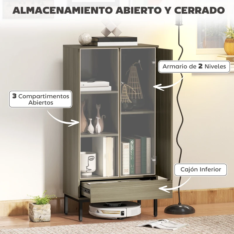 HOMCOM Aparador para Salón Moderno con Puerta Cajón Estante Ajustable y 3 Compartimentos Abiertos 60x34x121 cm Natural