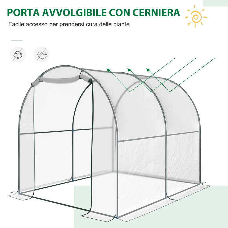 Outsunny Serra Tunnel da giardino, Serra da Balcone per Piante e Orto con Copertura in PVC, Porta Avvolgibile e Telaio in Acciaio, 2x2.5x2m