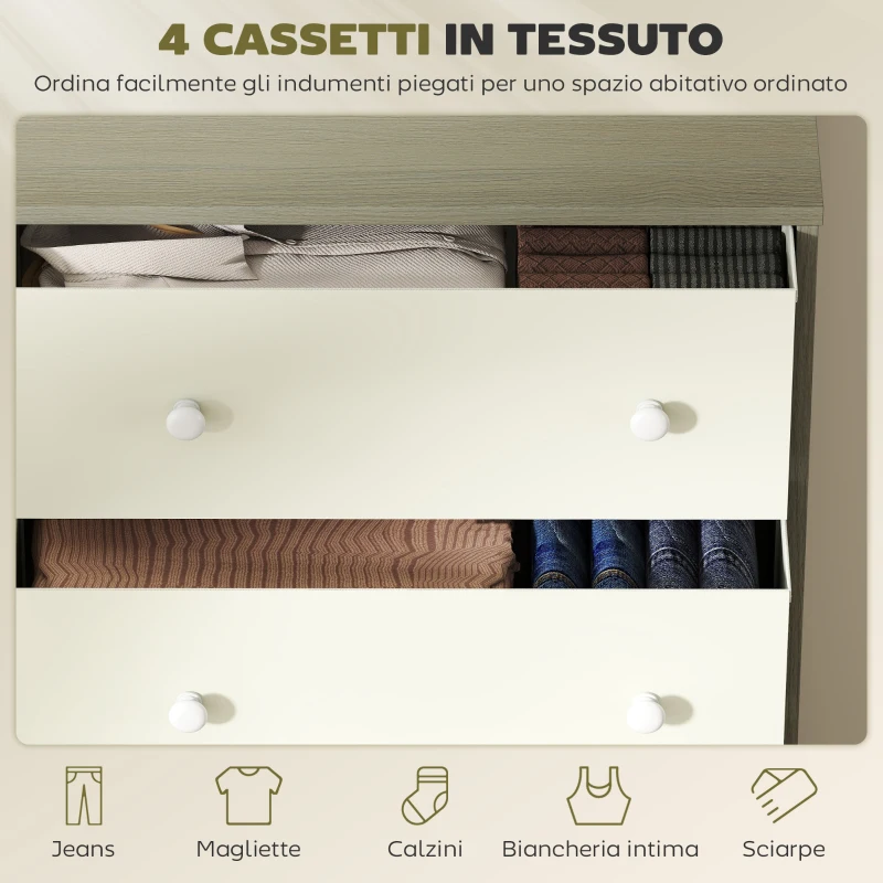HOMCOM Cassettiera 4 Cassetti Pieghevoli con Maniglie Doppie, in Legno, Acciaio e Tessuto, 58x30x91 cm, Bianco e Grigio