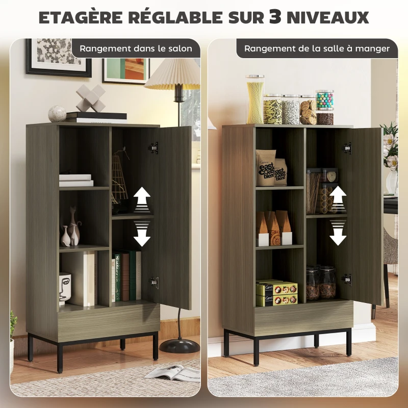 HOMCOM Buffet meuble de rangement avec placard à portes, tiroir, 3 compartiments ouverts et étagères réglables, gris
