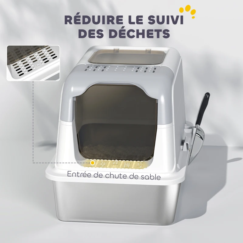 PawHut Maison de toilette pour chat bac à litière fermé bac acier inoxydable, nettoyage facile, 60,4 x 40,4 x 41,8 cm, blanc