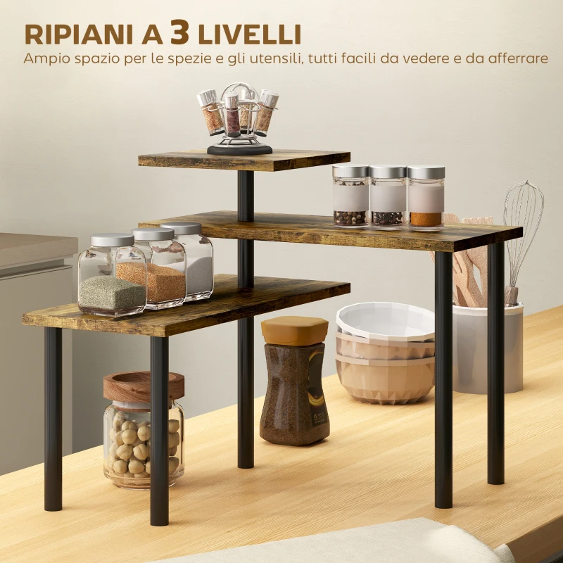 HOMCOM Scaffale Cucina a 3 Livelli Girevoli Salvaspazio in Legno e Acciaio, 40x10x36.5 cm, Marrone Rustico