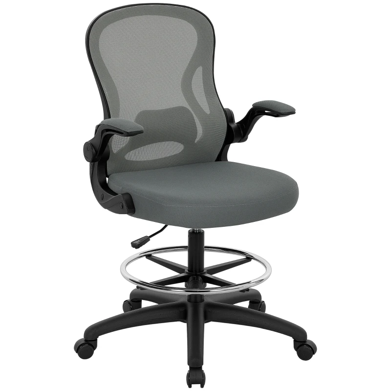 Vinsetto Drafting Chair, Ergonomic Tall Office Chair with Flip-up Armrests, Mesh Back, Lumbar Support, Adjustable Height and Foot Ring, Swivel Wheels, for Standing Desk, Charcoal Grey