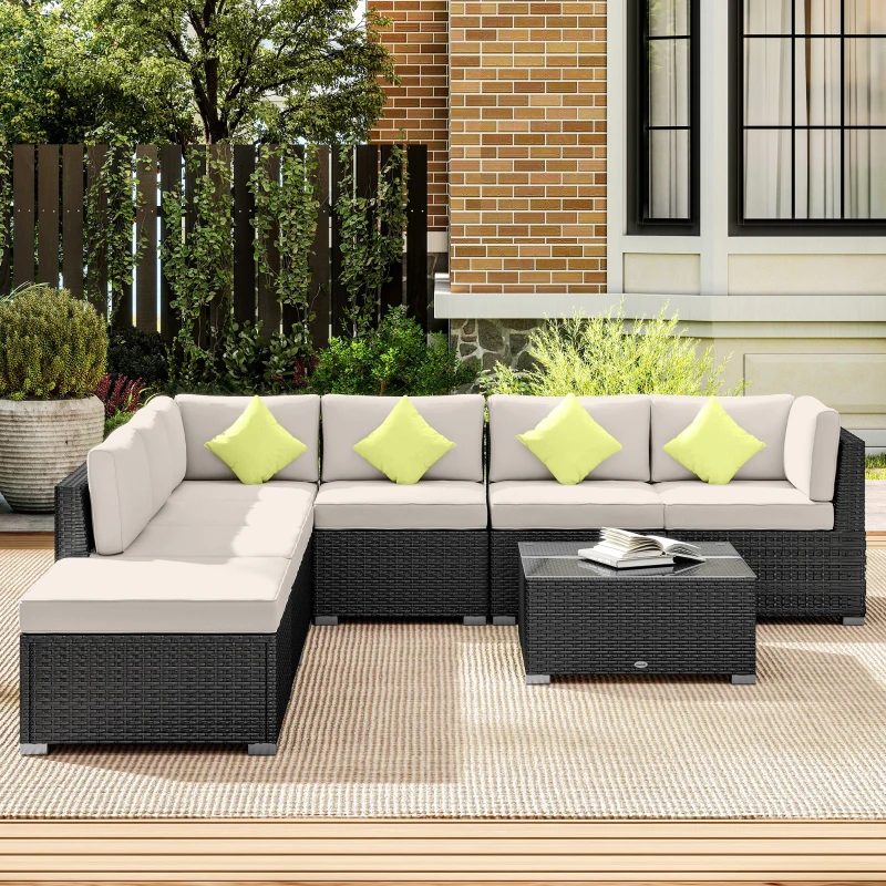 Outsunny 8 Piece Rattan Corner Sofa Set with Wide & Deep Seat, Assembled Aluminium PE Rattan Garden Furniture Set with Thick Cushions and Glass Top Table for Outdoor, Conservatory, Black