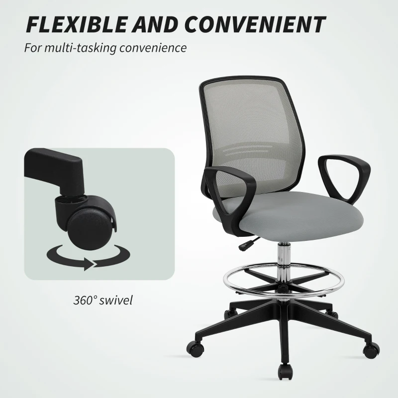 Vinsetto 100-120cm Draughtsman Office Chair, with Footrest - Light Grey