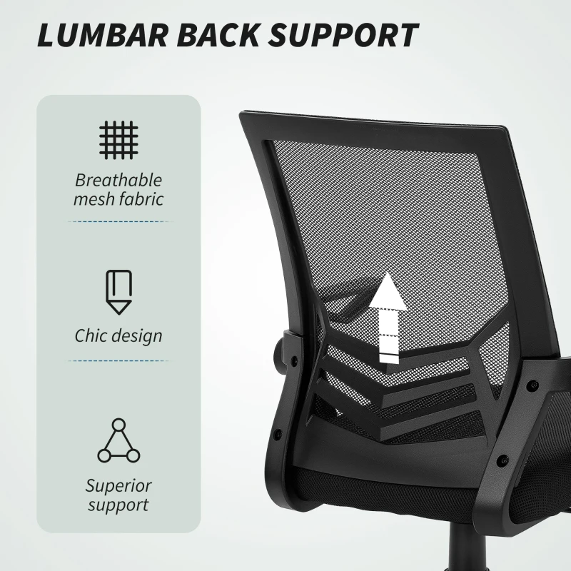 Vinsetto Mesh Office Chair, Computer Desk Chair with Flip-up Armrests, Lumbar Back Support and Swivel Wheels, Black