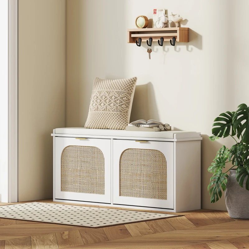 HOMCOM Boho Shoe Bench with Padded Seat and 2 Flip-Drawers - White