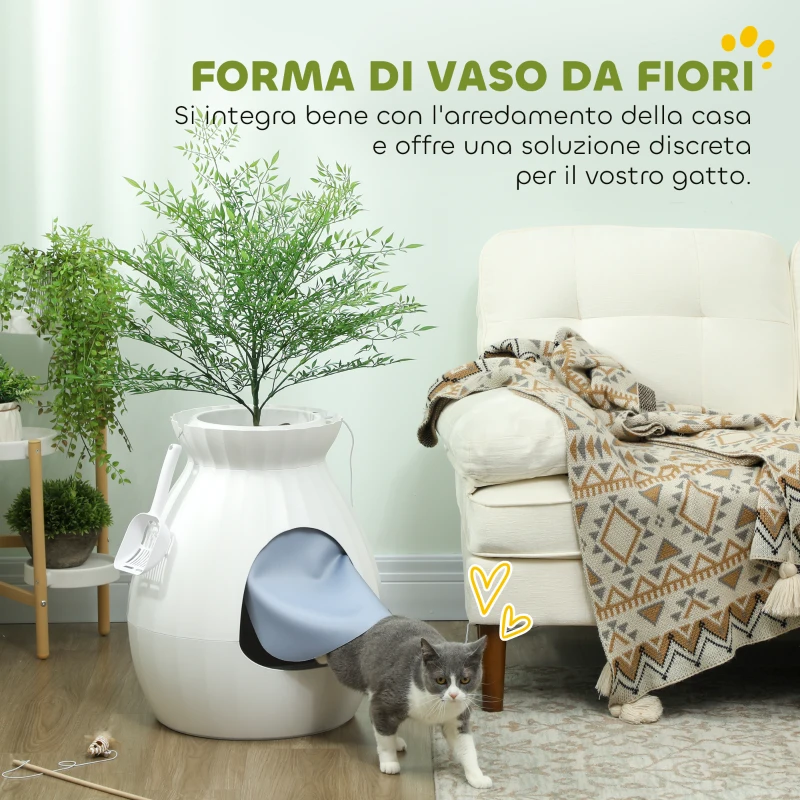 PawHut Lettiera per Gatti Antiodore a forma di Vaso con Paletta, in ABS e Acciaio Inox, 50x48.5x58.7 cm, Bianco