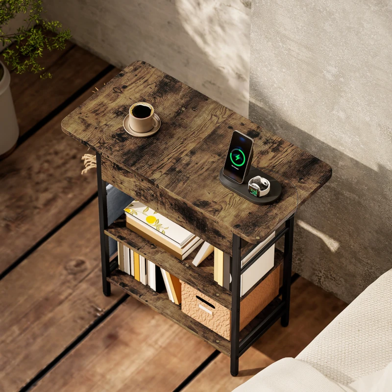 HOMCOM Bijzettafel met Stopcontacten, 2 Niveaus, USB-aansluitingen Opbergruimte 60 x 29,8 x 58,5 cm Rustiek Bruin(m-7)