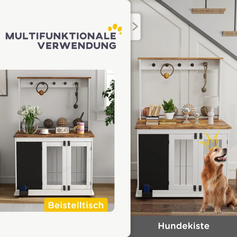 PawHut Hundebox mit Aufbewahrungsregal für Spielzeug, Haken für Leinen, Schreibtafel, Radiergummi, für große Hunde, Weiß(m-4)