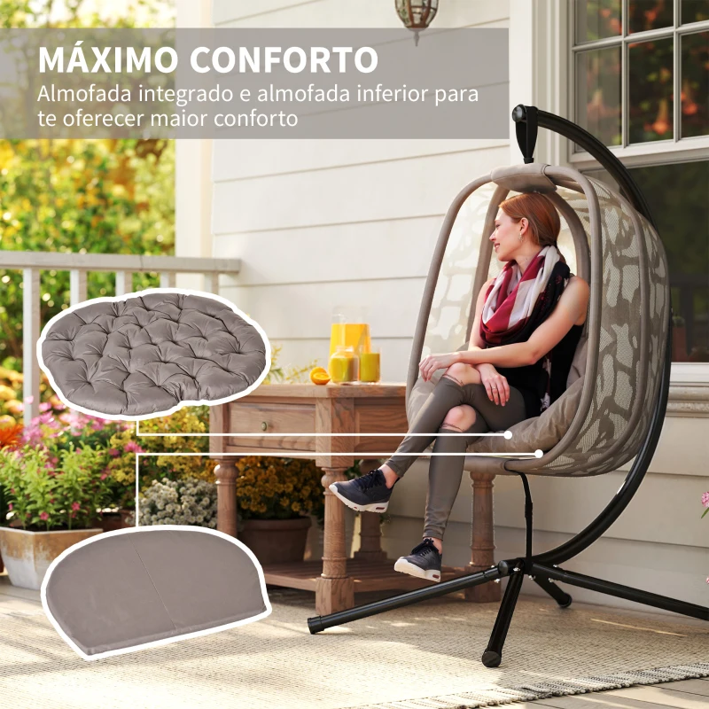 Outsunny Cadeirão Suspenso com Suporte de Aço Cadeira Suspensa com Cesto Dobrável e Almofadas para Interior e Exterior 126x96x172cm Cor Areia