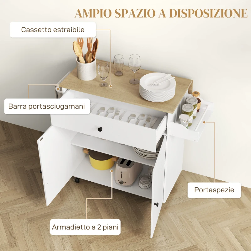HOMCOM Isola per Cucina con Cassetto, Armadietto, Portaspezie e Portasciugamani, 106x42x87 cm, Bianco e Rovere