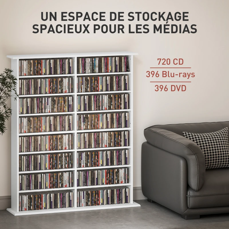 HOMCOM Rangements pour CD et DVD avec 16 compartiments et 12 étagères réglables, capacité max. 720 CD/396 DVD et Blu-ray, blanc