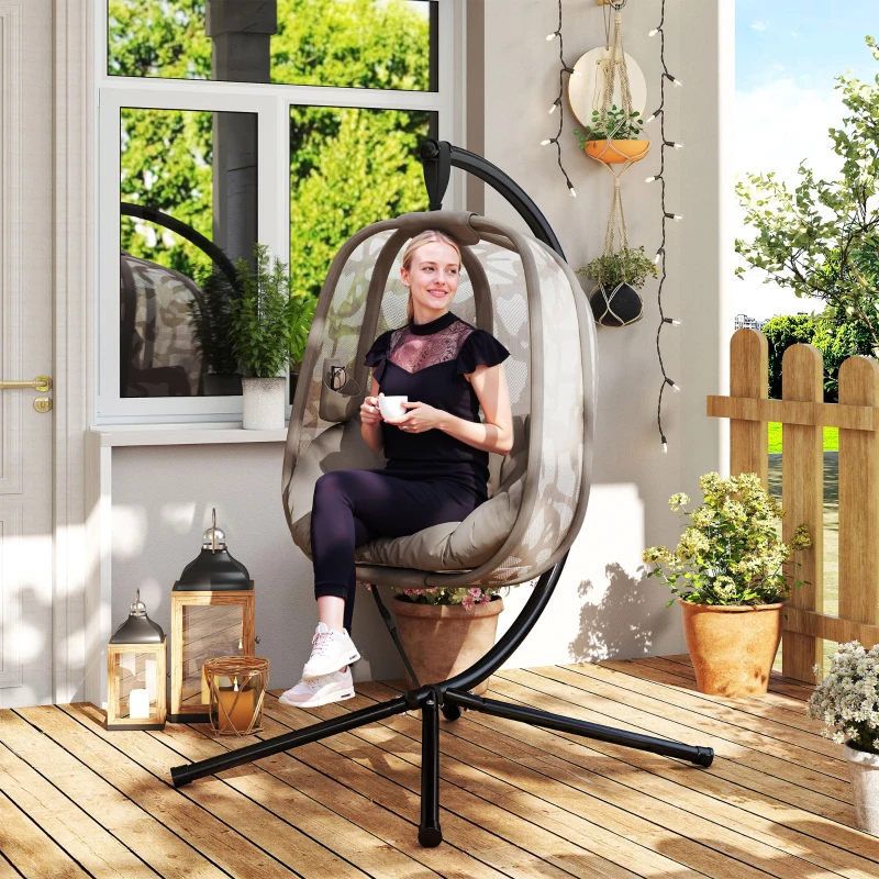 Outsunny Silla Colgante con Soporte de Acero Sillón Colgante Hamaca con Cesta Plegable y Cojines para Interiores y Exterior Carga 120 kg 126x96x172 cm Marrón