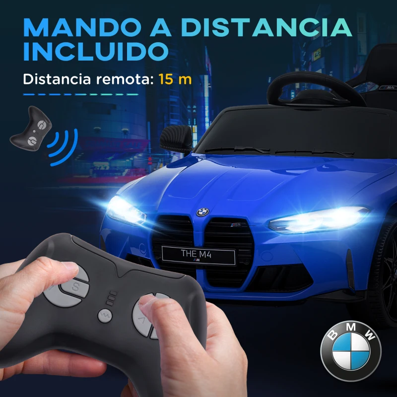 AIYAPLAY Coche de Batería para Niños 12V BMW M4 con Mando a Distancia Faros Bocina Música Velocidad 3-5 km/h Azul