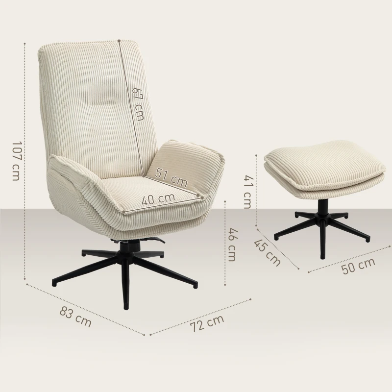 HOMCOM Drehbarer Polstersessel mit Fußhocker, Moderner Recliner-Sessel für Wohnzimmer, Schlafzimmer, Homeoffice, Beige(m-3)