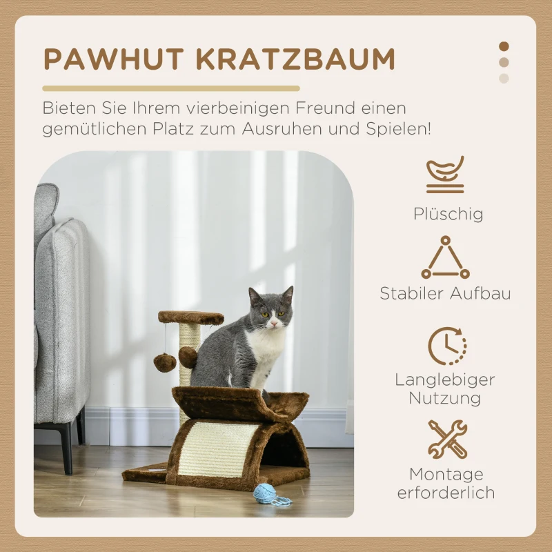 PawHut Kratzbaum klein Katzenkratzbaum Spielbaum Kratzstamm für Katzen mit Spielball Braun L40 x B30 x H43 cm