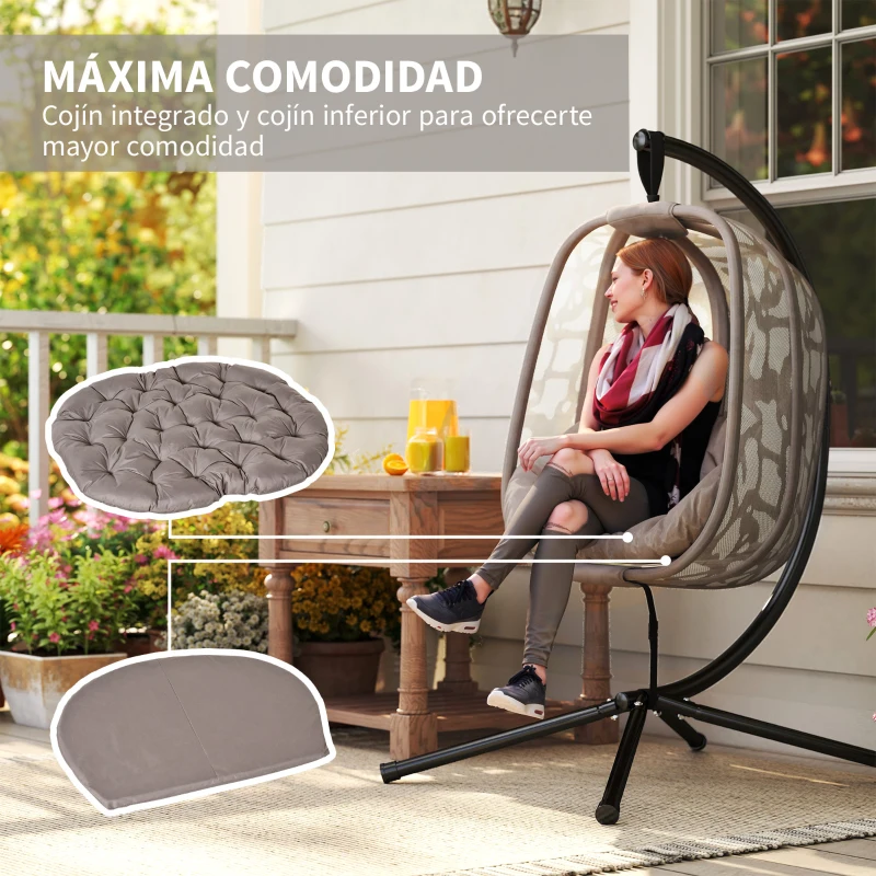 Outsunny Silla Colgante con Soporte de Acero Sillón Colgante Hamaca con Cesta Plegable y Cojines para Interiores y Exterior Carga 120 kg 126x96x172 cm Marrón