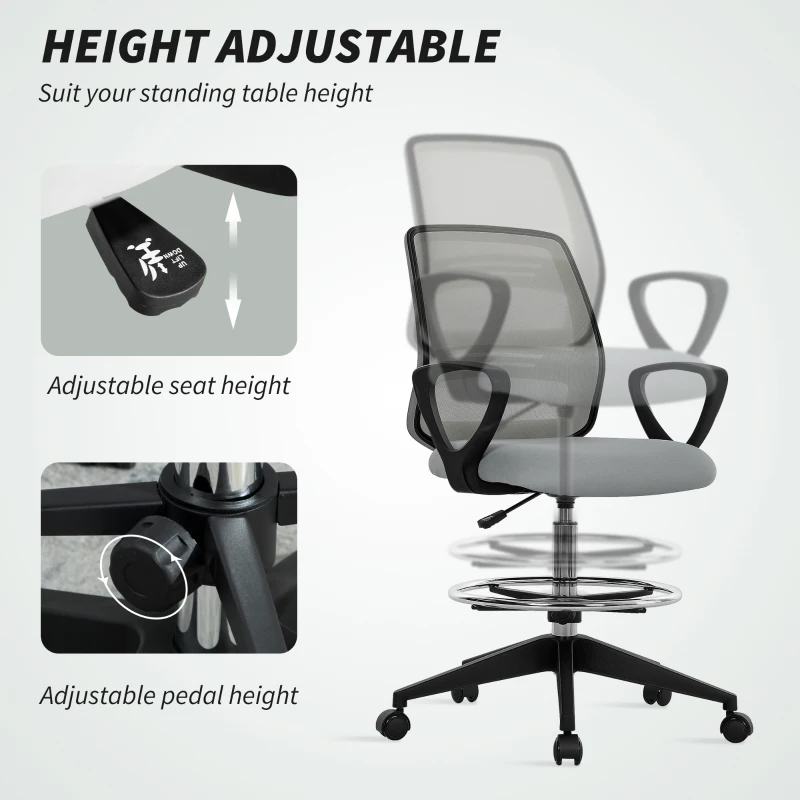 Vinsetto 100-120cm Draughtsman Office Chair, with Footrest - Light Grey