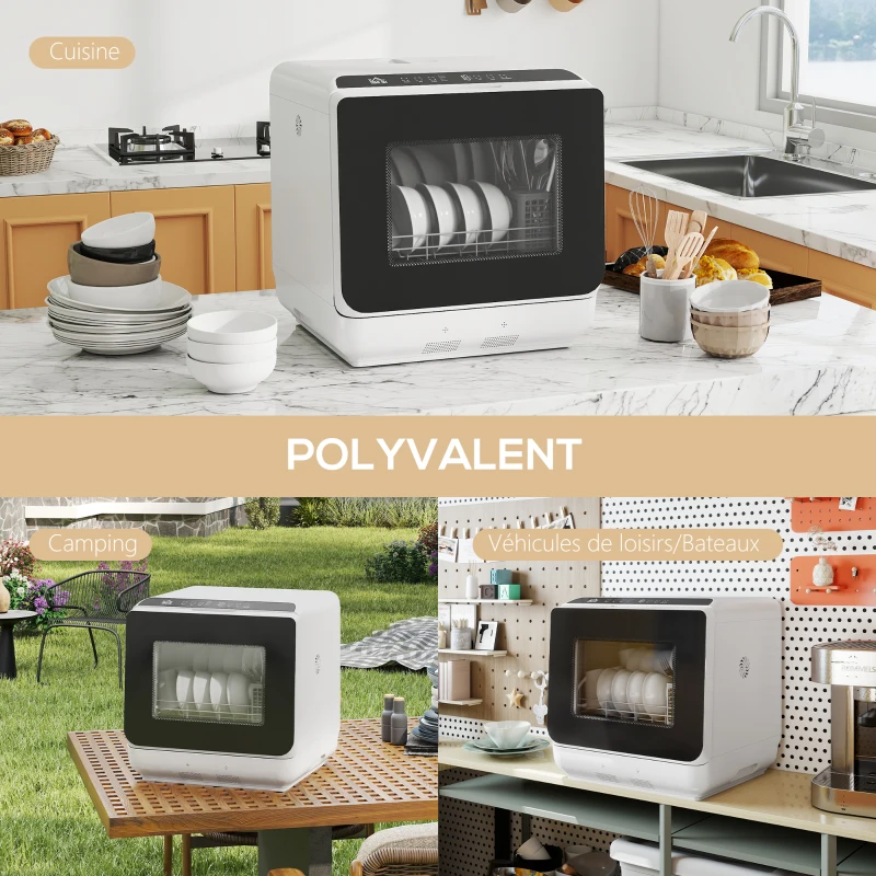 HOMCOM Mini lave-vaisselle compact 4 couverts, lave-vaisselle de table, 6 programmes, commandes tactiles, réservoir 6 L, blanc
