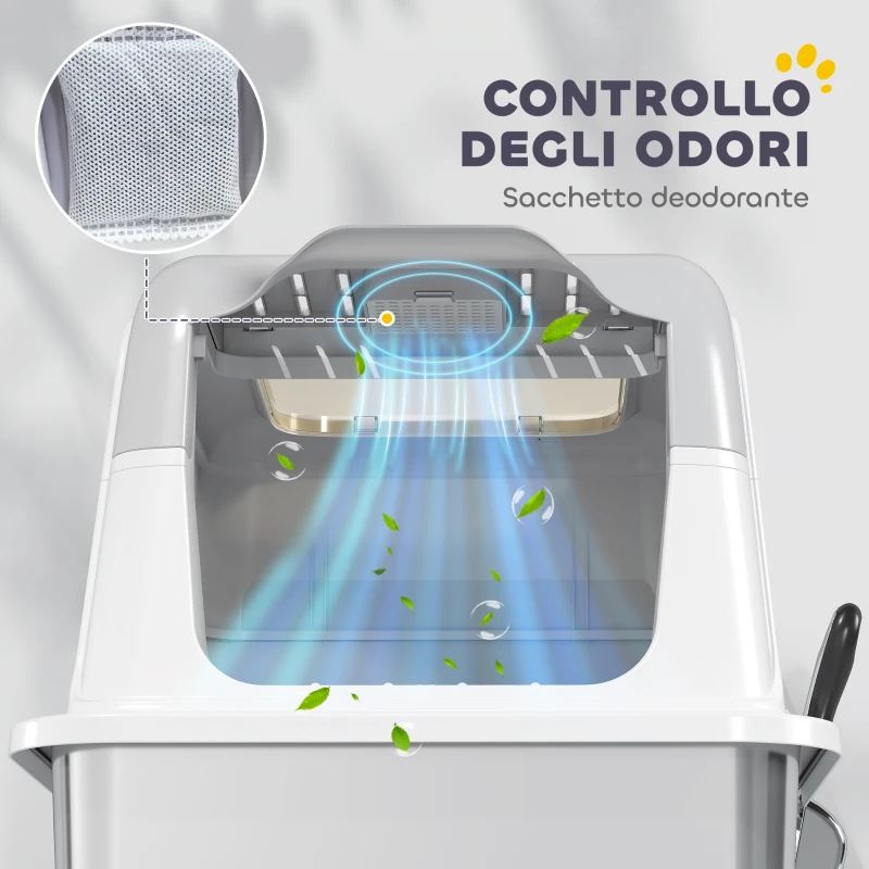 PawHut Lettiera per Gatti Chiusa a 2 Ingressi con Deodorante e Paletta, 60.4x40.4x41.8 cm, Bianco e Grigio