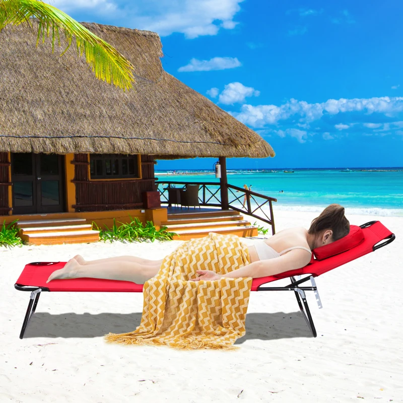Outsunny Bain de Soleil Pliable transat inclinable 4 Positions Chaise Longue 3 Coussins fournis Rouge
