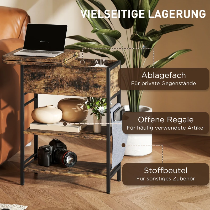 HOMCOM Bijzettafel met Stopcontacten, 2 Niveaus, USB-aansluitingen Opbergruimte 60 x 29,8 x 58,5 cm Rustiek Bruin(m-5)