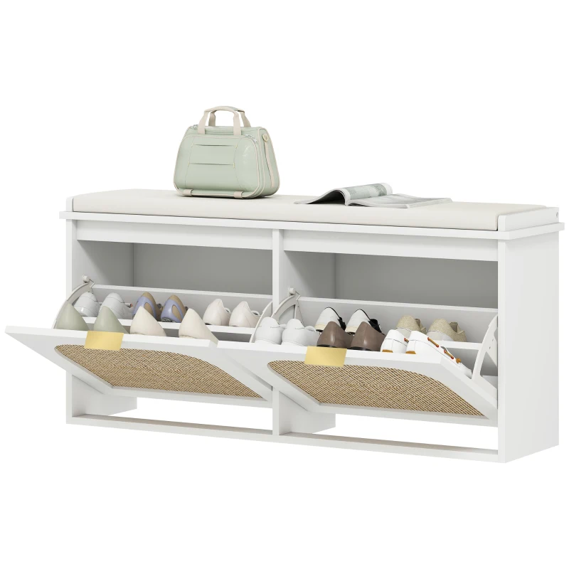 HOMCOM Boho Shoe Bench with Padded Seat and 2 Flip-Drawers - White