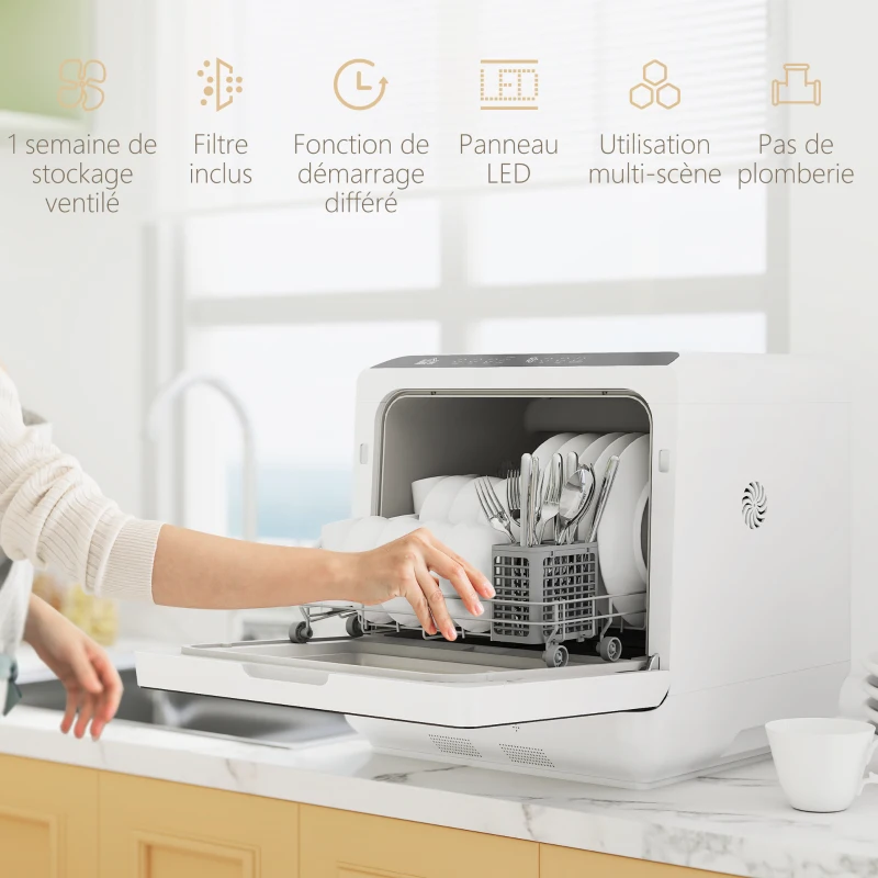 HOMCOM Mini lave-vaisselle compact 4 couverts, lave-vaisselle de table, 6 programmes, commandes tactiles, réservoir 6 L, blanc