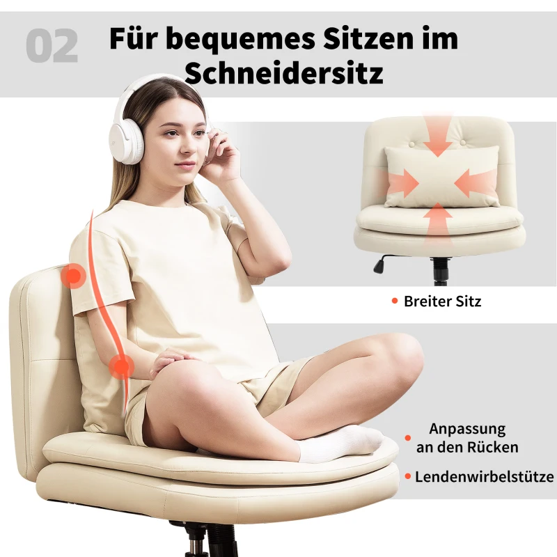 HOMCOM Armloze Bureaustoel met Kunstleer Bekleding, Bureaustoel met Wielen, Extra Kussen, Verstelbaar, Rolstoel, Beige(m-5)