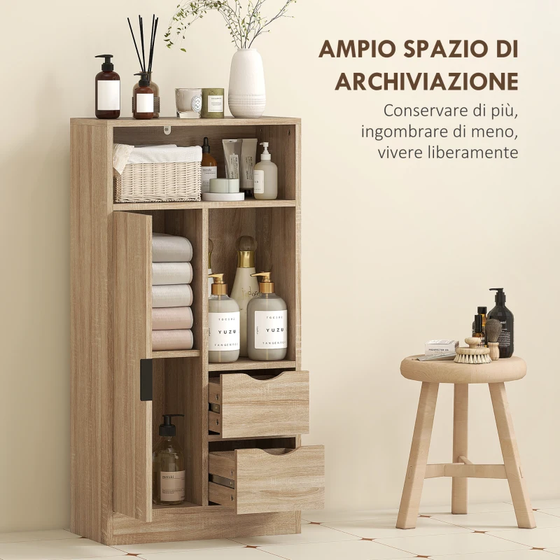 HOMCOM Mobile Bagno Salvaspazio Slim con 2 Cassetti, Ripiani e Armadietto, 50x25x100 cm, Legno Naturale