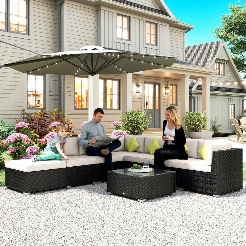 Outsunny 8 Piece Rattan Corner Sofa Set with Wide & Deep Seat, Assembled Aluminium PE Rattan Garden Furniture Set with Thick Cushions and Glass Top Table for Outdoor, Conservatory, Black