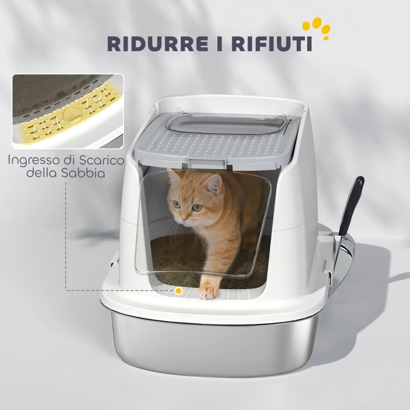 PawHut Lettiera per Gatti Chiusa a 2 Ingressi con Deodorante e Paletta, 52.4x41.3x39.8 cm, Bianco