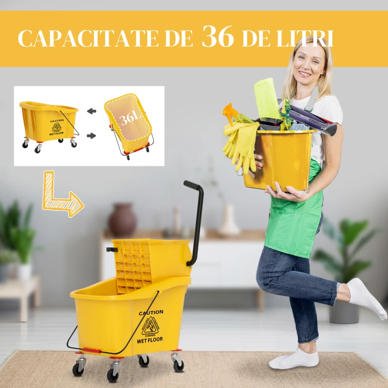 HOMCOM Cărucior de Curățenie Profesional de 36L cu Găleată pentru Mop, Storcător și Mâner, 55x37x65 cm, Galben