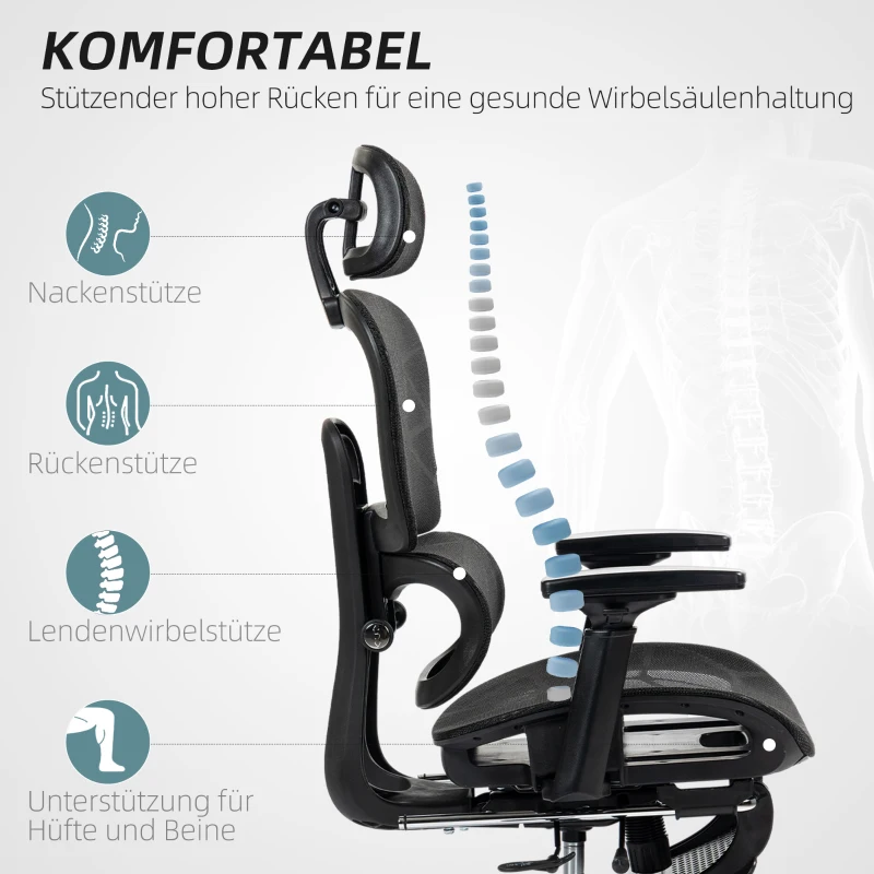 HOMCOM Bürostuhl, Ergonomischer Schreibtischstuhl mit Netzstoffbezug, verstellbar, rollbar, mit Armlehnen, Kopfstütze, Schwarz(m-4)