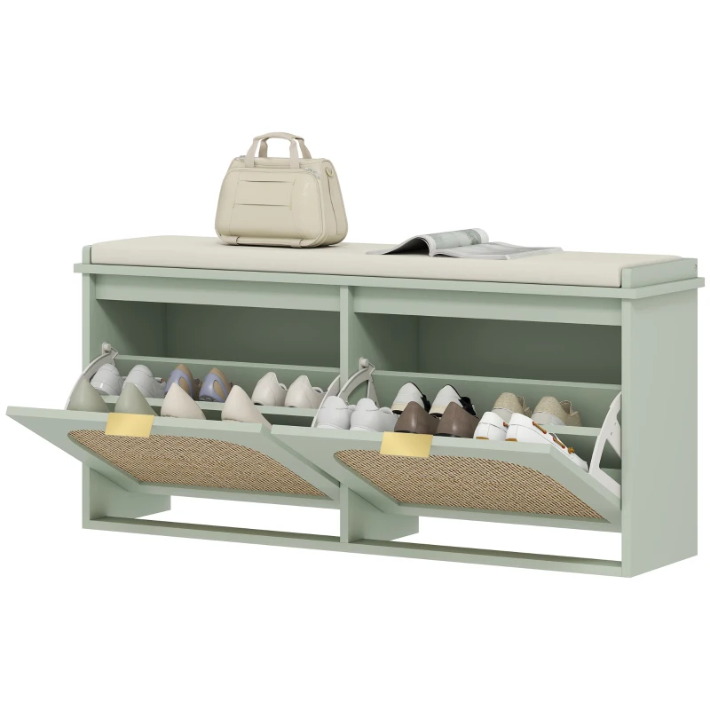 HOMCOM Boho Shoe Bench with Padded Seat and 2 Flip-Drawers - Light Green