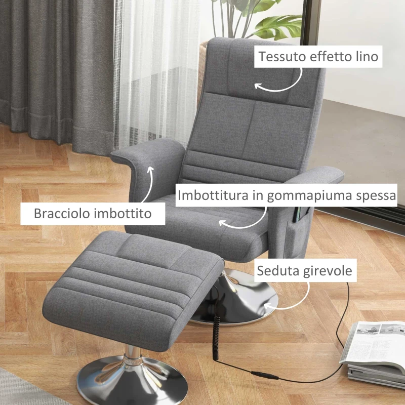 HOMCOM Poltrona Massaggiante e Reclinabile con Poggiapiedi, in Tessuto Effetto Lino, 78x90x93 cm, Grigio Scuro