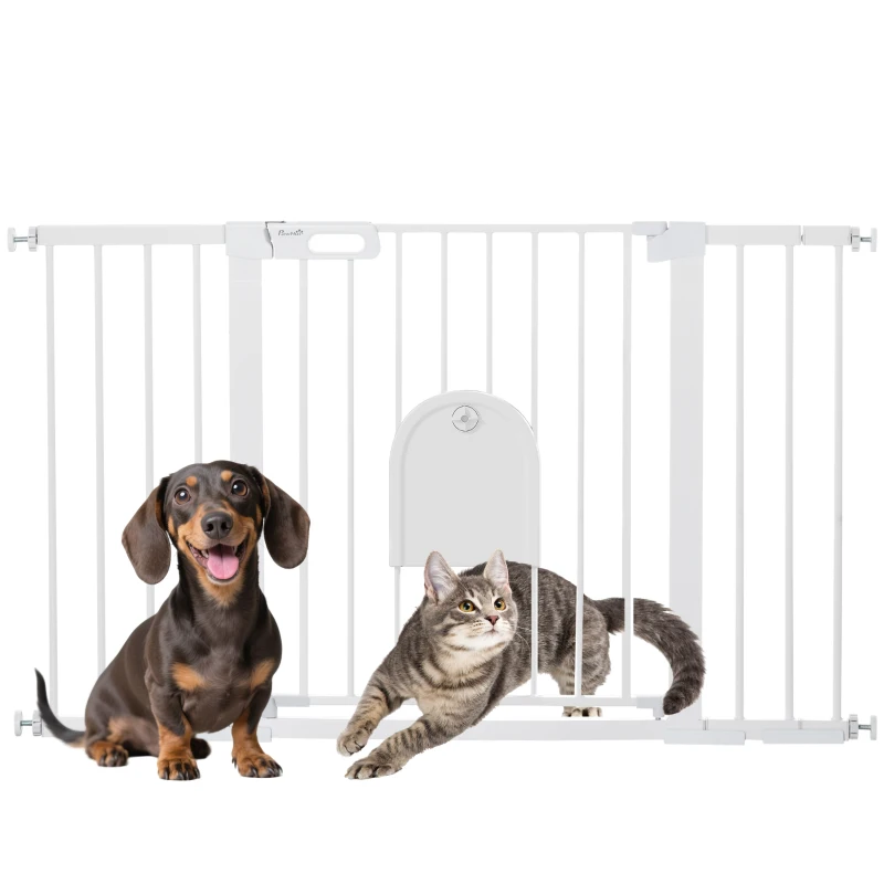 PawHut Cancelletto per Cani Estensibile con Porta a Chiusura Automatica, in Metallo e ABS, 75-131x76 cm, Bianco