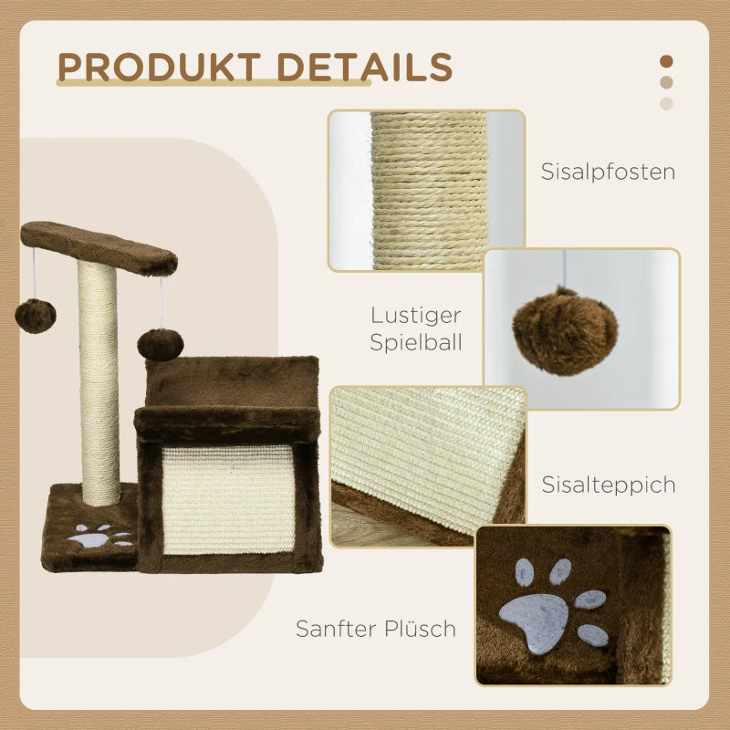 PawHut Kratzbaum klein Katzenkratzbaum Spielbaum Kratzstamm für Katzen mit Spielball Braun L40 x B30 x H43 cm