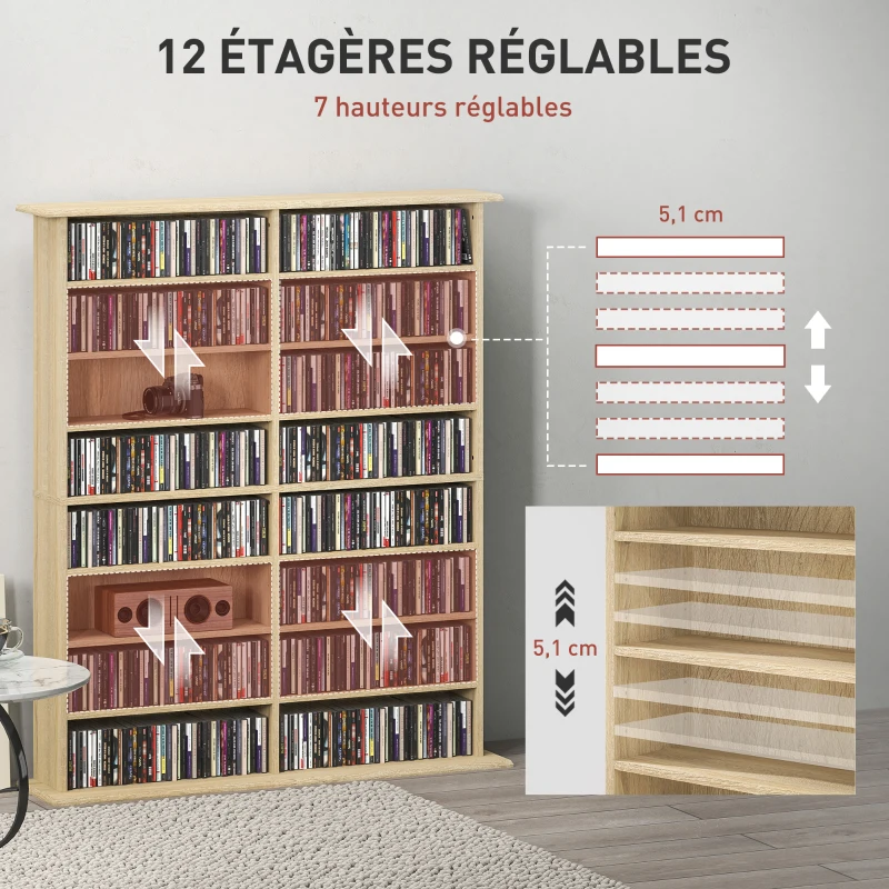 HOMCOM Rangements pour CD et DVD avec 16 compartiments et 12 étagères réglables capacité max. 720 CD/396 DVD et Blu-ray naturel