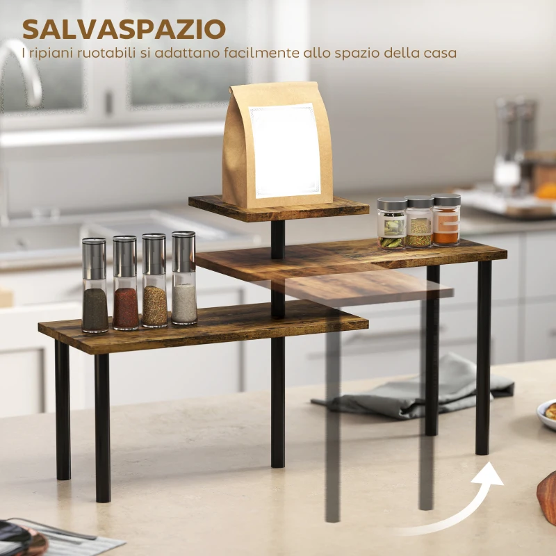 HOMCOM Scaffale Cucina a 3 Livelli Girevoli Salvaspazio in Legno e Acciaio, 40x10x36.5 cm, Marrone Rustico
