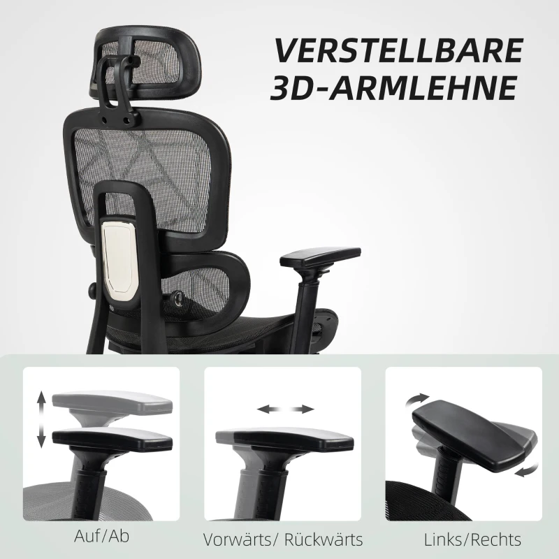 HOMCOM Bürostuhl, Ergonomischer Schreibtischstuhl mit Netzstoffbezug, verstellbar, rollbar, mit Armlehnen, Kopfstütze, Schwarz(m-7)